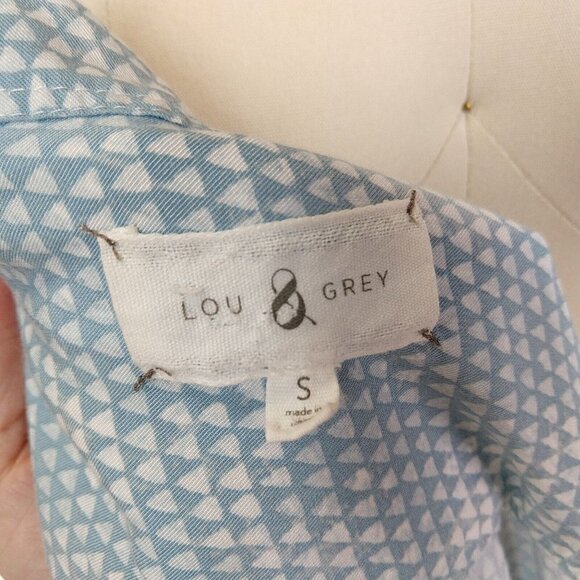 Lou & Grey Blue Geometric Print Drawstring Waist Dress Size S Roll Tab Sleeves - Picture 9 of 10